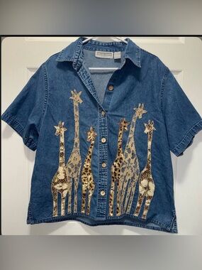 Vintage DressBarn Button Up Denim Top Lace Animal Giraffe Embroidery Size 1X
